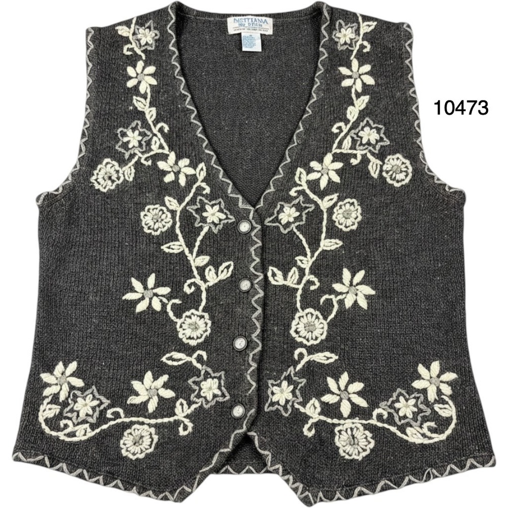 Montana Blues Vest Sweater Womens Medium Gray White Floral Ramie Embroidered